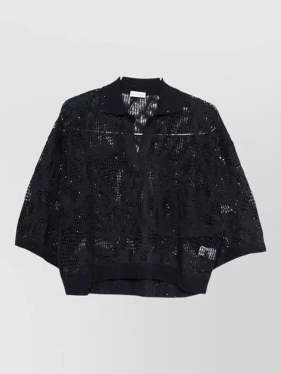 Brunello Cucinelli Linen Shirt Collared Knit Sheer 34 Sleeves In Black