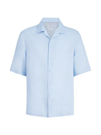 Brunello Cucinelli Linen Shirt For Men - Ss26 Collection In Blue