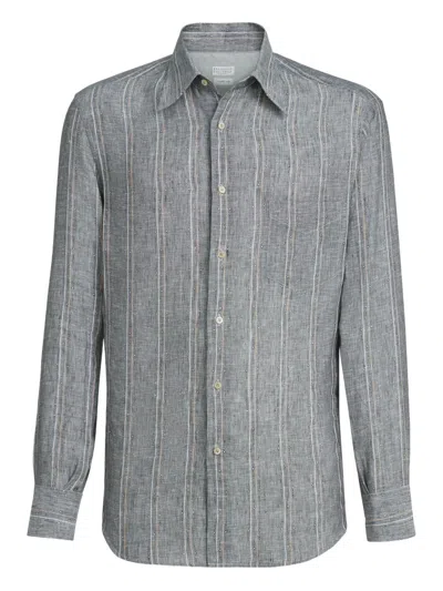 Brunello Cucinelli Linen Shirt Button Down Collar Stripes In Gray