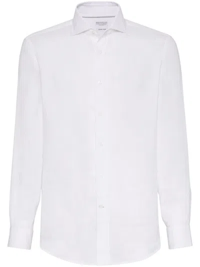 Brunello Cucinelli Button-down Collar Cotton Shirt With Curved Hem In White