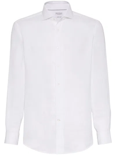Brunello Cucinelli Button-down Collar Cotton Shirt With Curved Hem In White