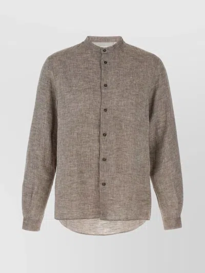 Brunello Cucinelli Linen Shirt With Curved Hem And Mandarin Collar In Brown