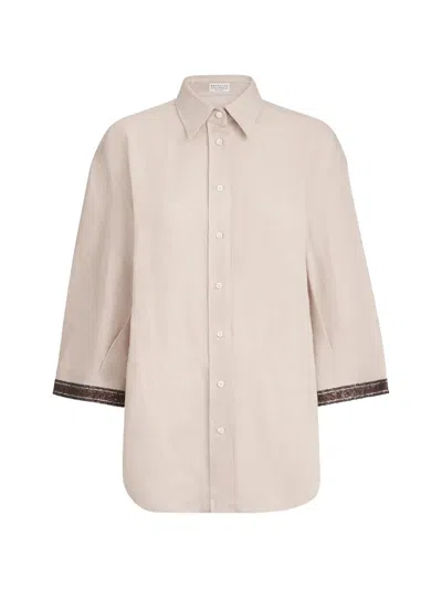 Brunello Cucinelli Linen Shirt With Dazzling Cuffs In Neutral