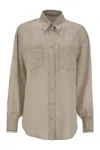 Brunello Cucinelli Beige Shirt With Chest Pockets And Monile Decorations In Linen Woman In Neutral