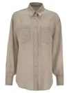 Brunello Cucinelli Beige Shirt With Chest Pockets And Monile Decorations In Linen Woman In Neutral