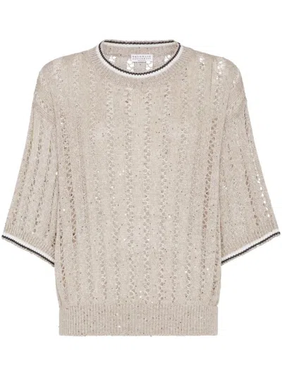 Brunello Cucinelli Sequined Open-knit Linen-blend Top In Beige