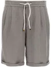 Brunello Cucinelli Men Garment-dyed Bermuda Shorts In Linen Gabardine With Drawstring And Pleat In Grey