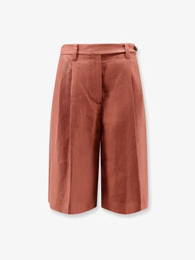 Brunello Cucinelli Linen Shorts With Monili Detail In Brown