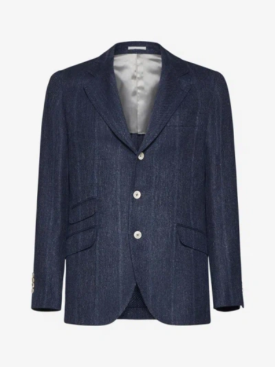 BRUNELLO CUCINELLI LINEN, SILK AND WOOL SINGLE-BREASTED BLAZER