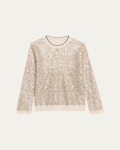 Brunello Cucinelli Linen-silk Paillette Open Knit Crewneck Sweater In Grey