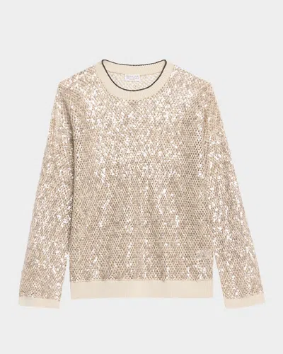BRUNELLO CUCINELLI LINEN-SILK PAILLETTE OPEN KNIT CREWNECK SWEATER