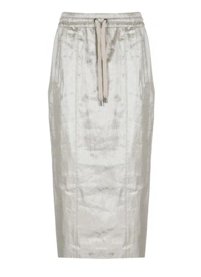 Brunello Cucinelli Metallic Linen Column Midi Skirt In Silver