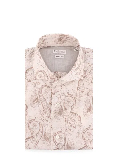 Brunello Cucinelli Linen Slim Fit Shirt With All-over Print In Beige