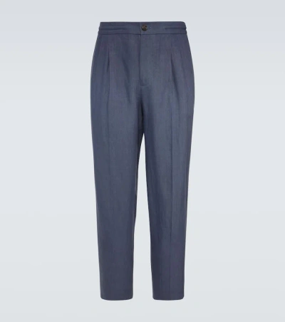 Brunello Cucinelli Linen Straight Pants In Blue