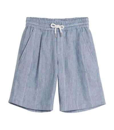 Brunello Cucinelli Kids' Striped Organic-linen Shorts In Blue