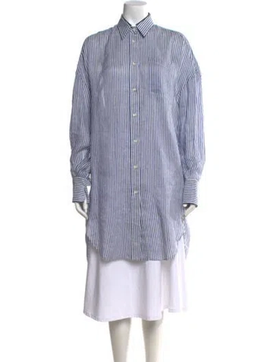 Pre-owned Brunello Cucinelli Linen Striped Button-up Top W/ Tags In Blue