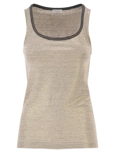 Brunello Cucinelli Linen Striped Crew Neck Top With Contrasting Trim And Necklace In Neutral