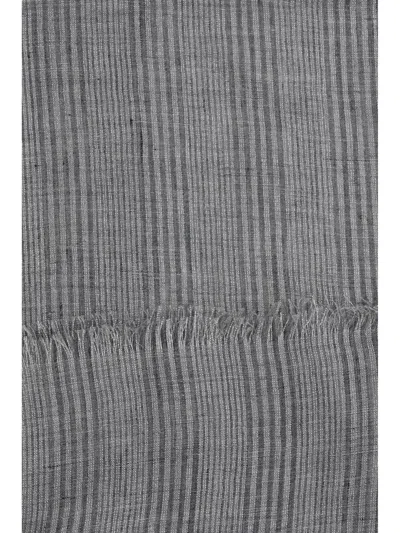 Brunello Cucinelli Linen Striped Scarf In Gray