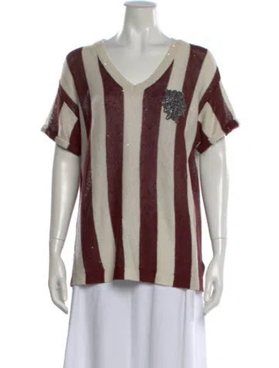 Pre-owned Brunello Cucinelli Linen Striped Sweater In Burgundy