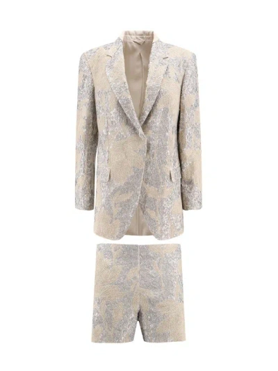 BRUNELLO CUCINELLI LINEN SUIT WITH MAGNOLIA EMBROIDERY AND SEQUINS