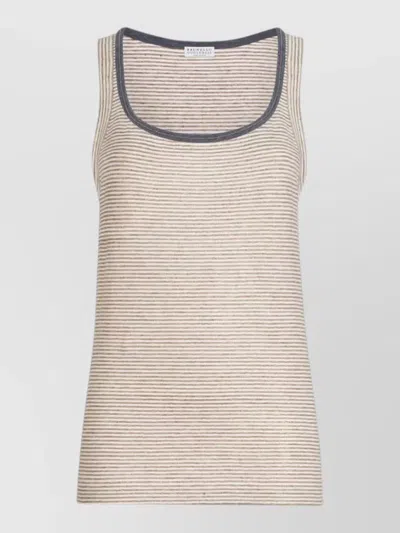 Brunello Cucinelli Linen Tank Scoop Neck Striped Trim In Neutral