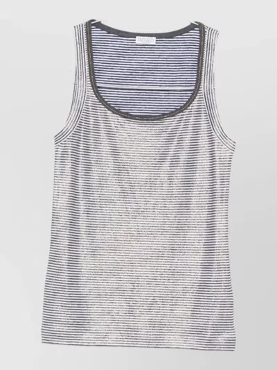 Brunello Cucinelli Linen Tank Top Scoop Neck Stripes Shimmer In Silver