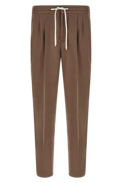 Brunello Cucinelli Linen Trousers Pleated Front Side And Back Pockets In Brown