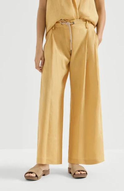 Brunello Cucinelli Linen Trousers With Drawstring And Monili In Yellow