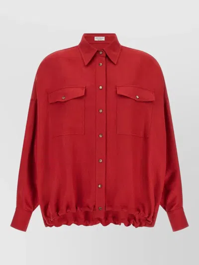 Brunello Cucinelli Linen Twill Overshirt Dropped Shoulders Curved Hem In Red
