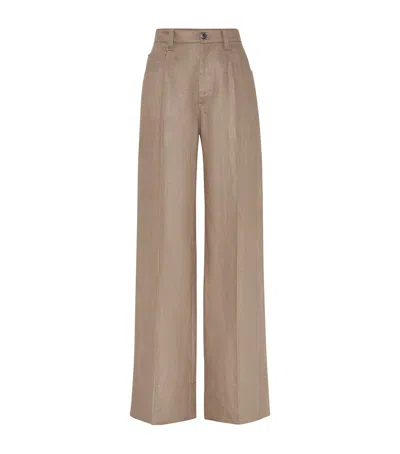 Brunello Cucinelli Linen Twill Wide-leg Trousers In Brown