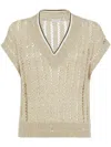 Brunello Cucinelli Women Dazzling Ribbed Net Knitted T-shirt In Linen In Green