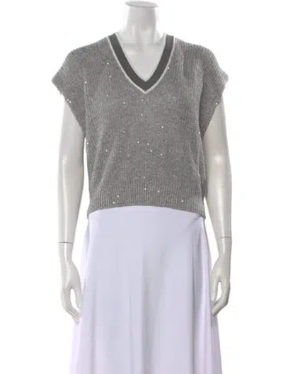 Pre-owned Brunello Cucinelli Linen V-neck Sweater In Gray