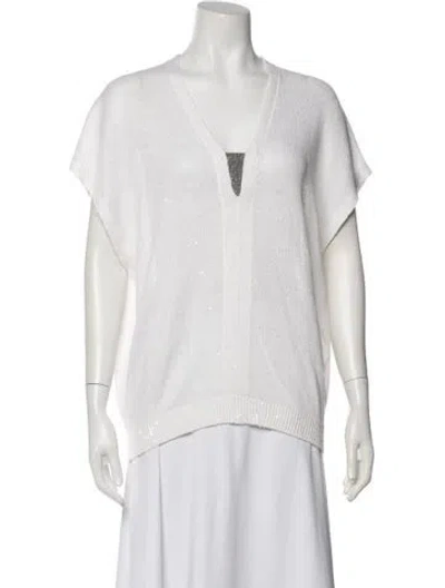 Pre-owned Brunello Cucinelli Linen V-neck Sweater In White