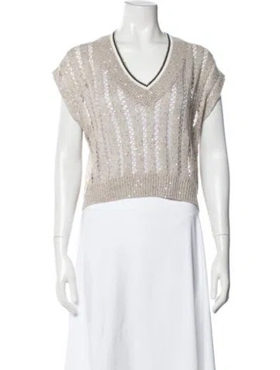 Pre-owned Brunello Cucinelli Linen V-neck Sweater In White