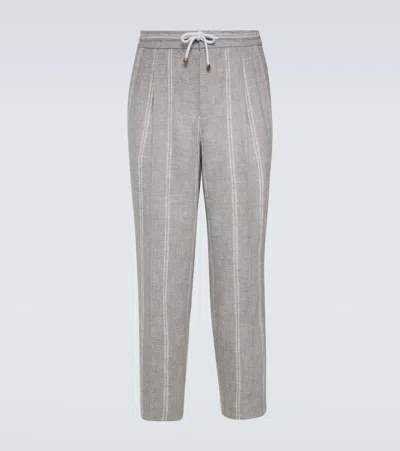 Brunello Cucinelli 亚麻、羊毛与真丝粉笔条纹直筒裤 In Gray