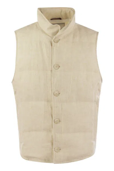 Brunello Cucinelli Linen, Wool And Silk Diagonal Sleeveless Down Jacket In Sand