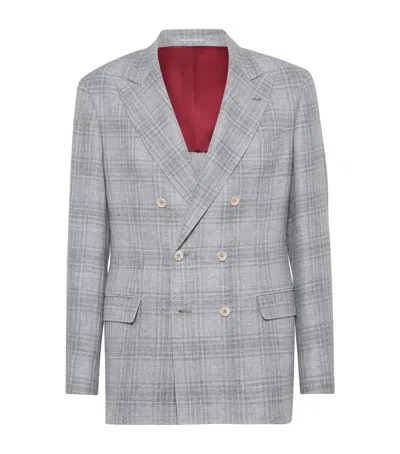 Brunello Cucinelli Linen-wool-silk Prince-of-wales Blazer In Grey