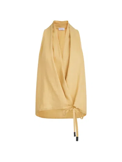 Brunello Cucinelli Linen Wrap Effect Vest With Monili In Yellow
