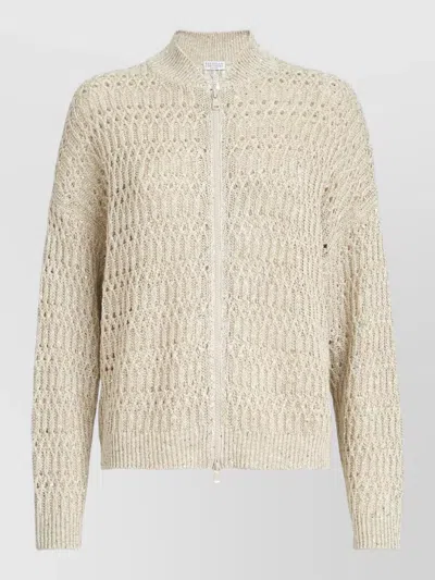 Brunello Cucinelli Linen Zip Cardigan Long Sleeves Ribbed Trims In Neutral