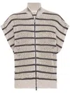 Brunello Cucinelli Beige Cardigan With High Neck And All-over Striped Motif In Beige