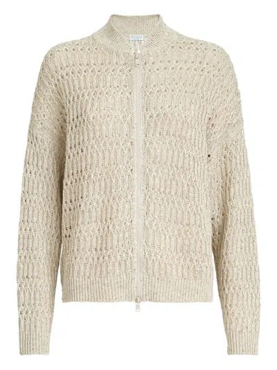 Brunello Cucinelli Linen Zipped Cardigan In Sand