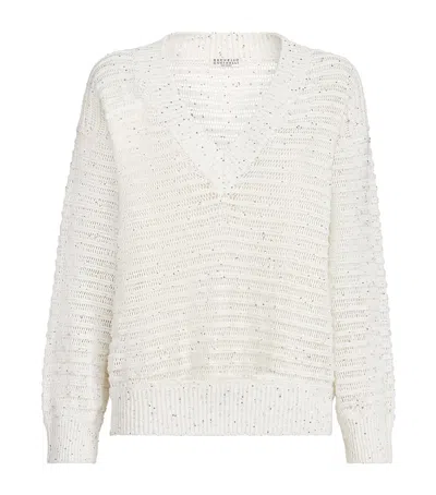 Brunello Cucinelli Sweater With Openwork Stripes In Brown