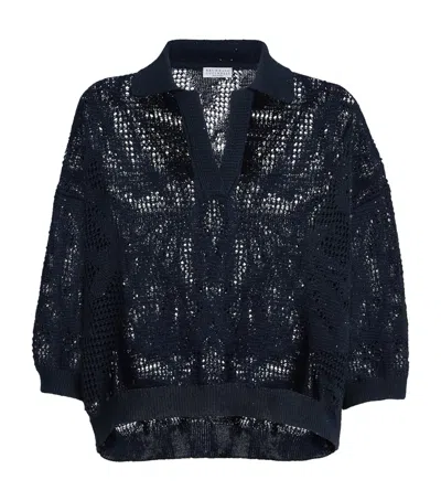 Brunello Cucinelli Linen-cotton Embellished Polo Sweater In Blue