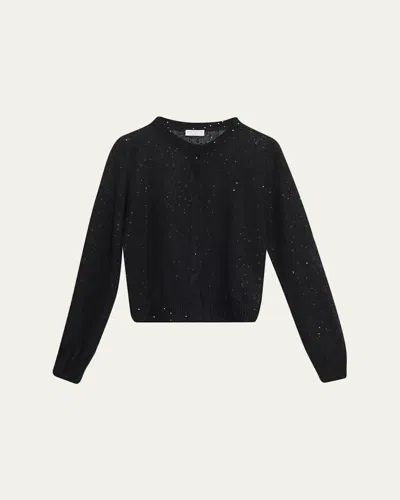 Brunello Cucinelli Linen-silk Pailette Knit Crewneck Snap Cardigan In Black