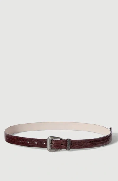 Brunello Cucinelli Lizard-effect Calfskin Belt With Shiny Loop In Burgundy
