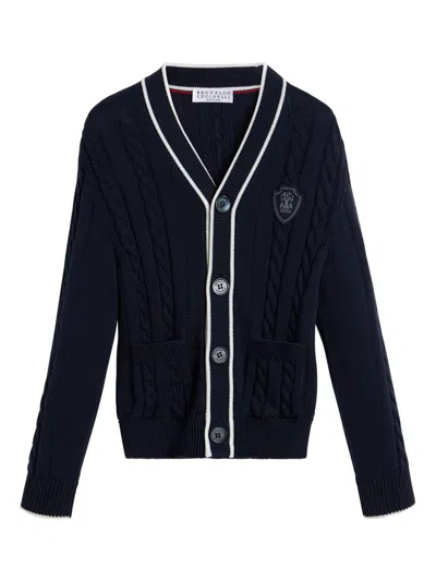 Brunello Cucinelli Kids' Logo-appliqué Cotton Cardigan In Blue