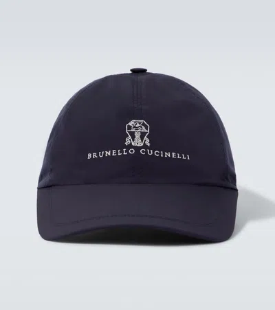 Brunello Cucinelli Men Baseball Cap In Garment-dyed Twisted Cotton Gabardine With Embroidered Logo In Blue