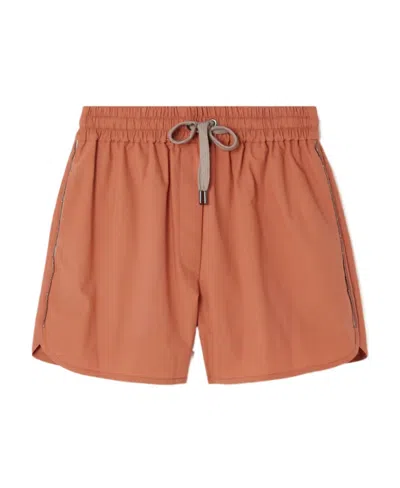 Brunello Cucinelli Logo Beaded Drawstring Shorts In Brown