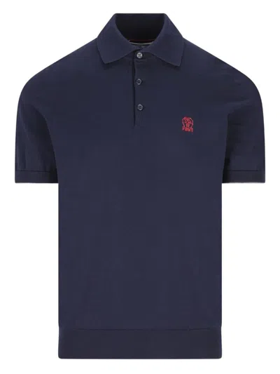 Brunello Cucinelli Men Light Blue Cotton Knit Logo Polo Shirt In Multi