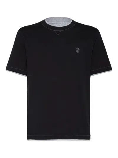 Brunello Cucinelli Logo Crew Neck Cotton T-shirt With Contrast Trim In Black